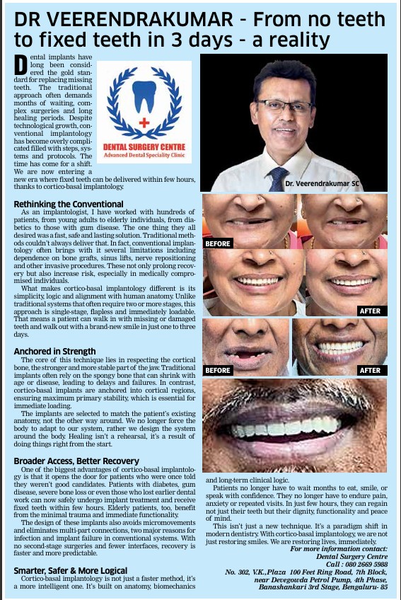 Prof. Dr. Veerendrakumar S.C. is a highly respected Indian periodontist and implantologist, widely recognized for his pioneering contributions to immediate loading and cortico-basal implantology. With an exceptional clinical experience of over 25,000 implant procedures, he stands among the most accomplished and trusted clinicians in the field of dental implantology.